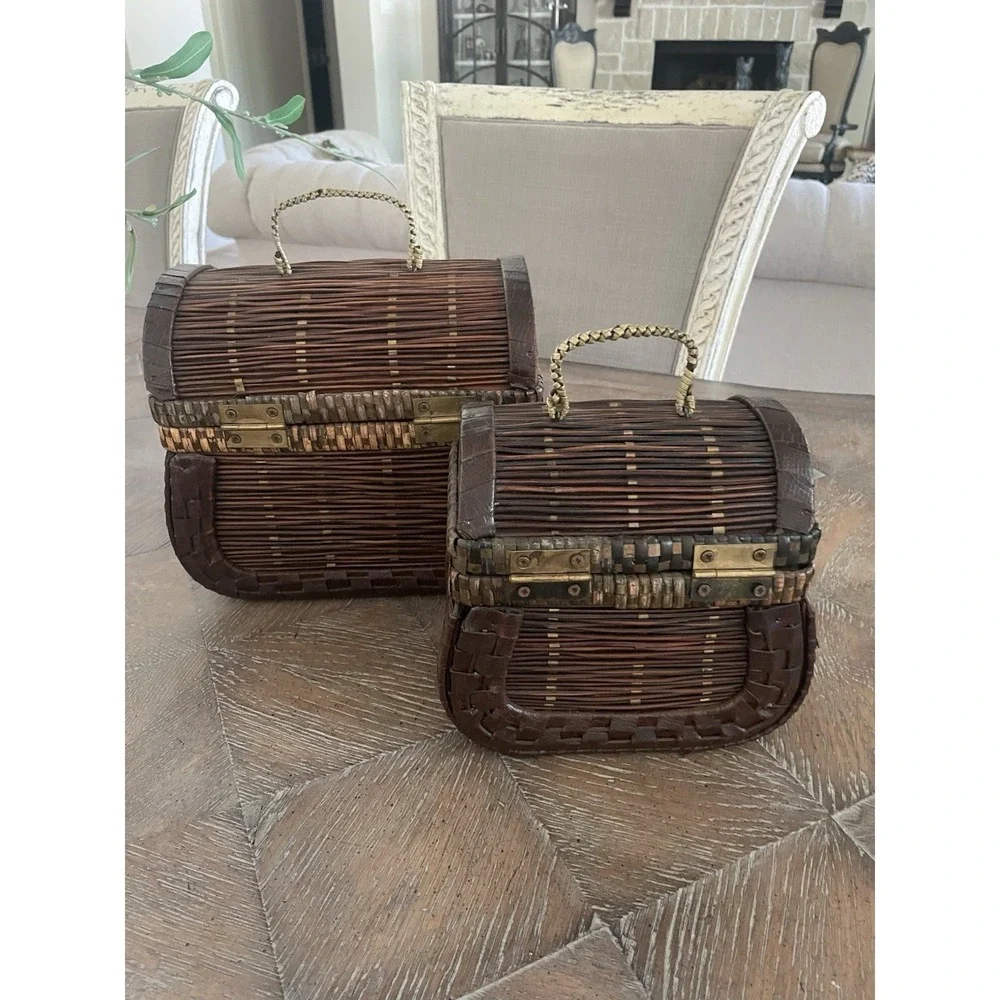 Vtg  Set of 2  Woven Rattan Faux Leather Basket Nesting Boxes w/ Latches Handles